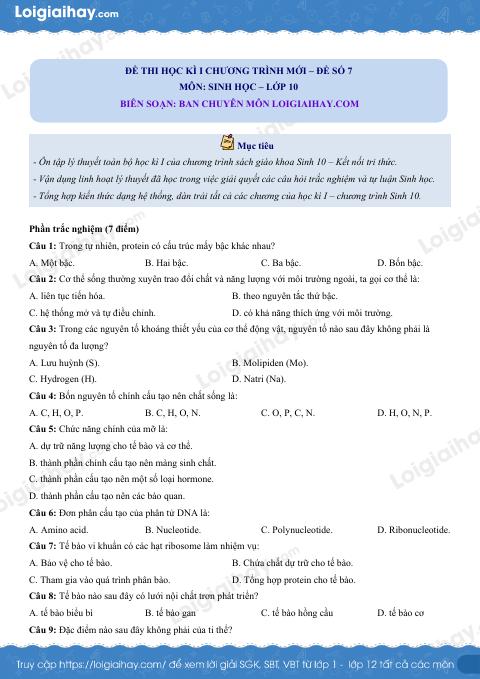 Đề thi học kì 1 Sinh 10 Kết nối tri thức - Đề số 7